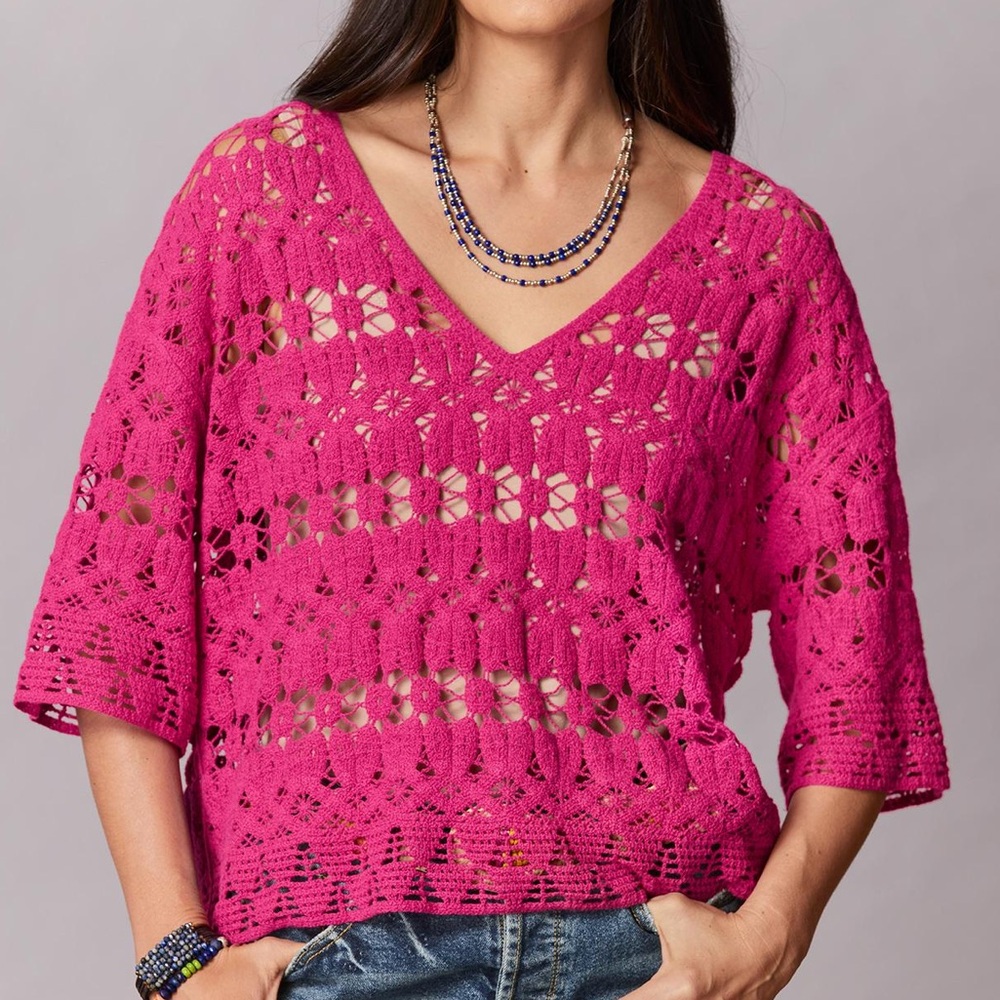 Sundance Samara Crochet Tee Small Fuchsia Hot Pink 3/4 Sleeves Summer Sweater